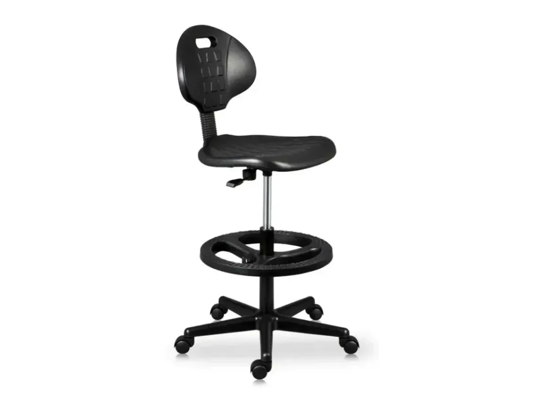 Silla alta industrial con respaldo y aro descansapiés, para puestos de caja o mostrador