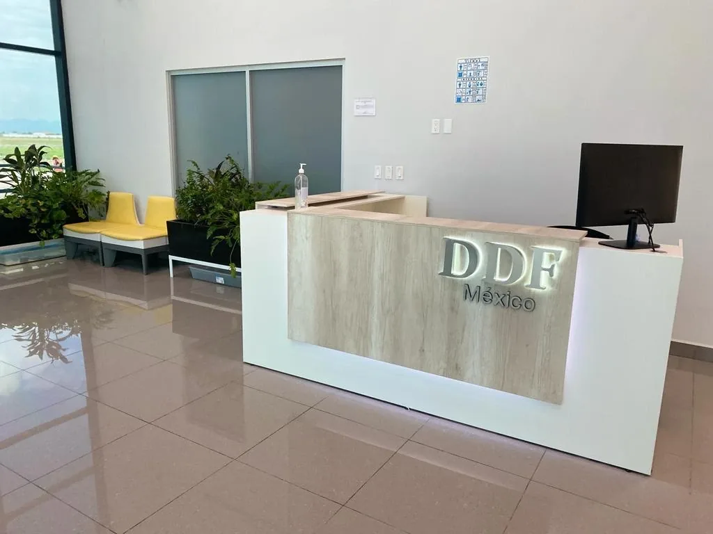 Recepción de DDF México con mostrador iluminado y sillones de espera amarillos
