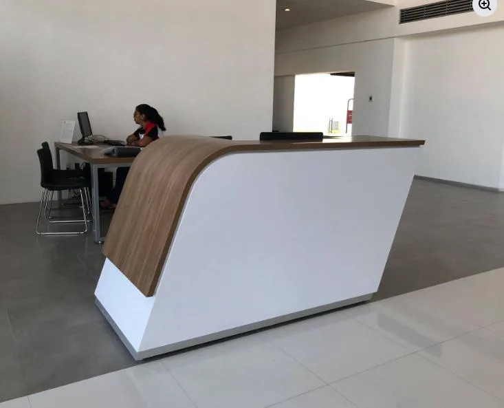 Recepción curva en blanco y madera
