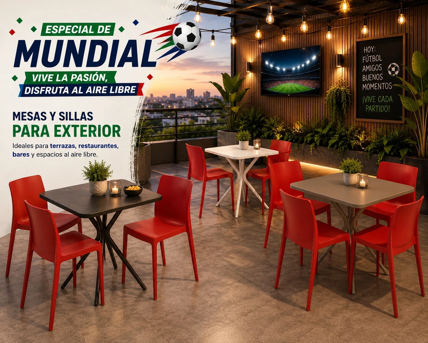 Mobiliario moderno para exteriores en bares y restaurantes durante el Mundial.