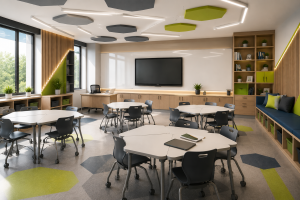 Salón de clases moderno con mesas modulares, sillas ergonómicas, paneles acústicos, lambrines de madera y mobiliario de almacenamiento.