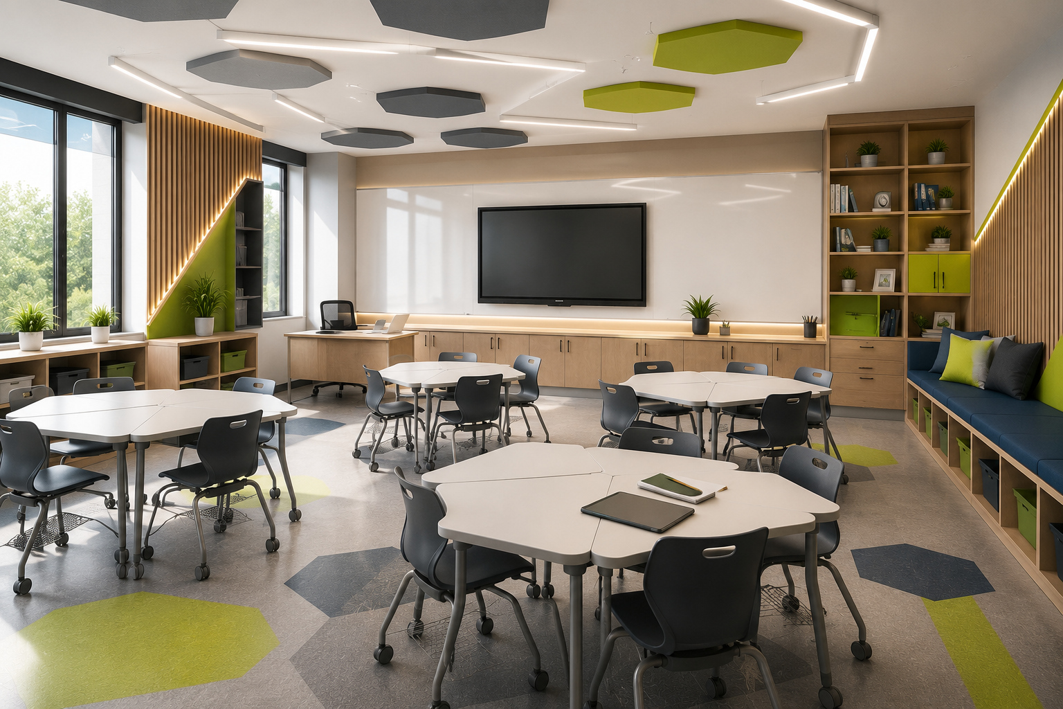 Salón de clases moderno con mesas modulares, sillas ergonómicas, paneles acústicos, lambrines de madera y mobiliario de almacenamiento.